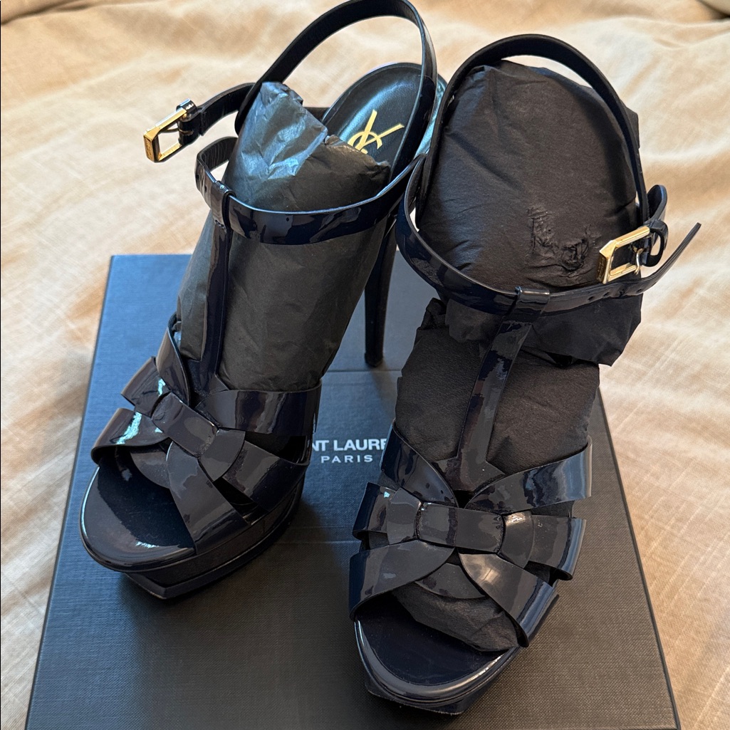 Saint Laurent Deep Navy Patent Leather Bow Platform Heels